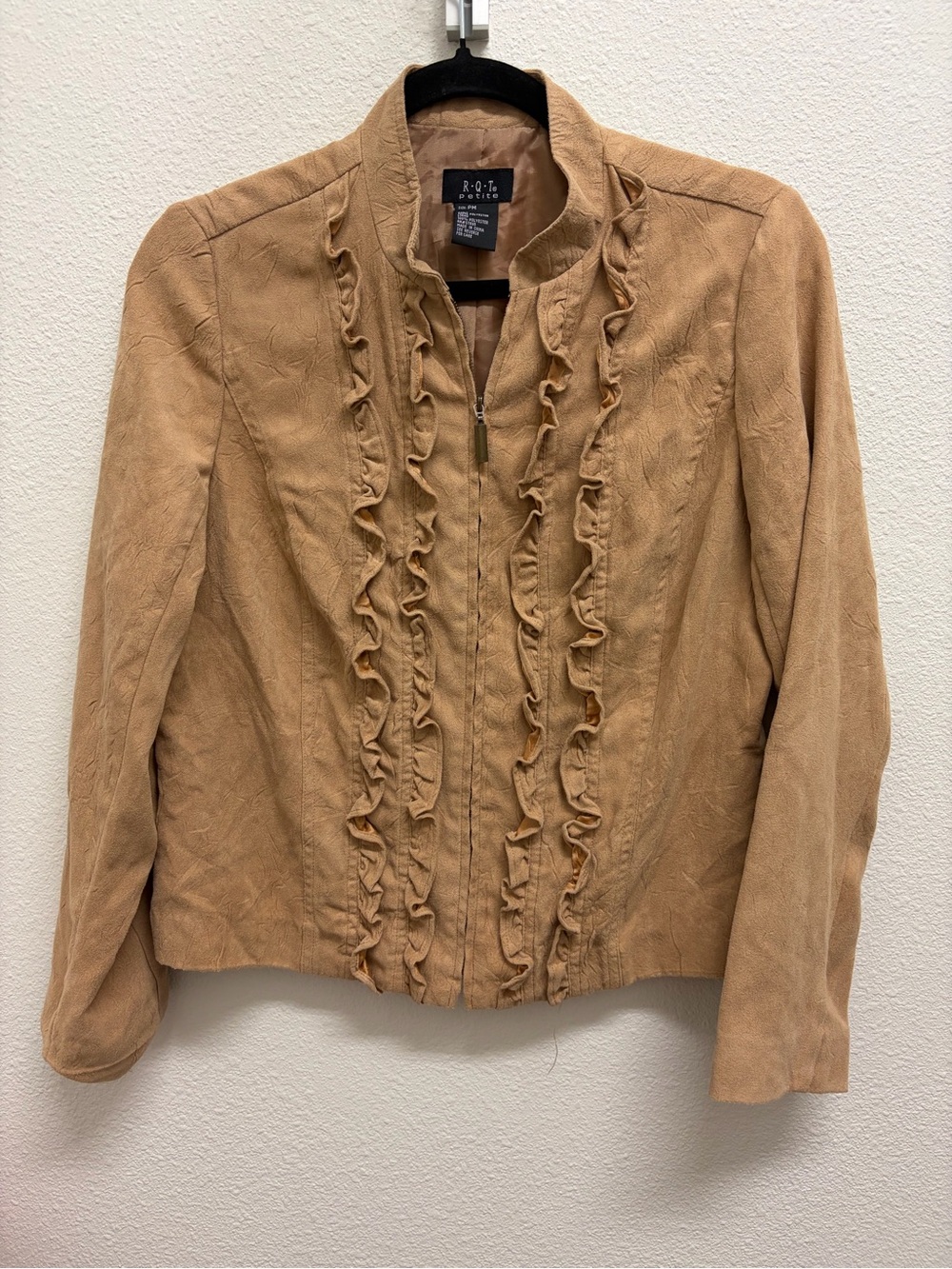 Petite Women's Taupe/brown Ruffle faux Suede Jacket